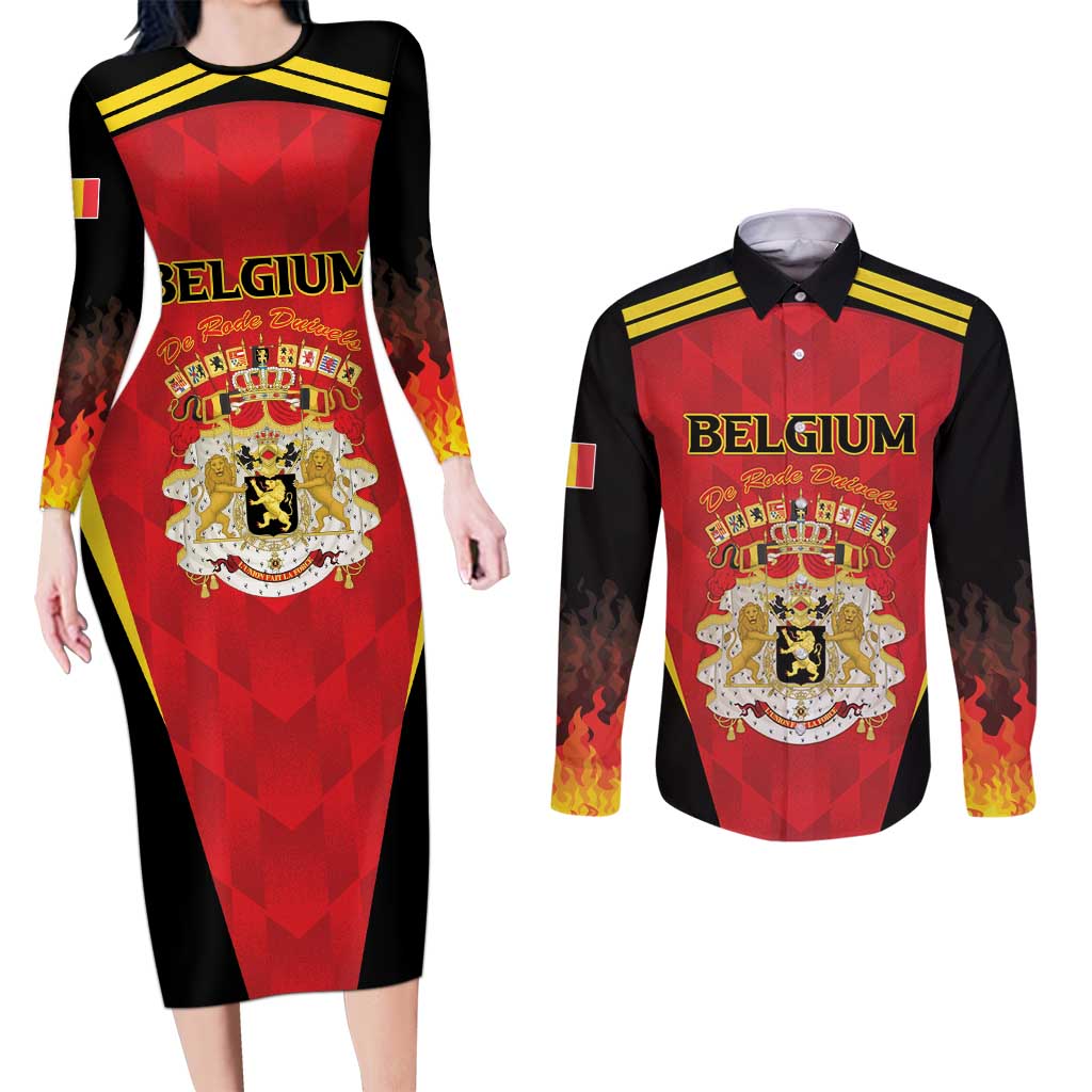 Custom Belgium Football 2026 Couples Matching Long Sleeve Bodycon Dress and Long Sleeve Button Shirt Red Devils Pride - Wonder Print Shop