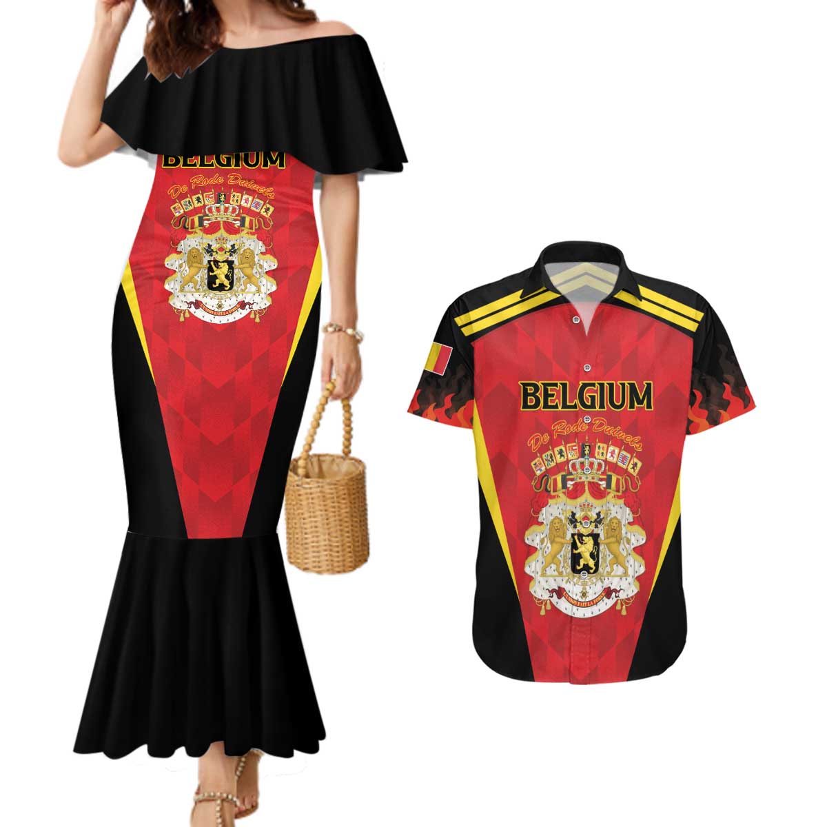 Custom Belgium Football 2026 Couples Matching Mermaid Dress and Hawaiian Shirt Red Devils Pride - Wonder Print Shop