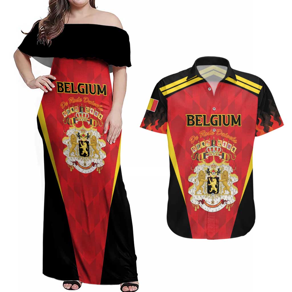 Custom Belgium Football 2026 Couples Matching Off Shoulder Maxi Dress and Hawaiian Shirt Red Devils Pride - Wonder Print Shop