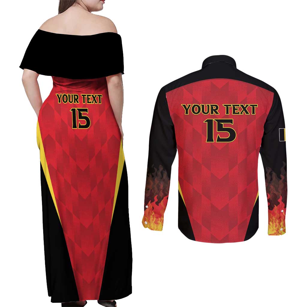Custom Belgium Football 2026 Couples Matching Off Shoulder Maxi Dress and Long Sleeve Button Shirt Red Devils Pride - Wonder Print Shop