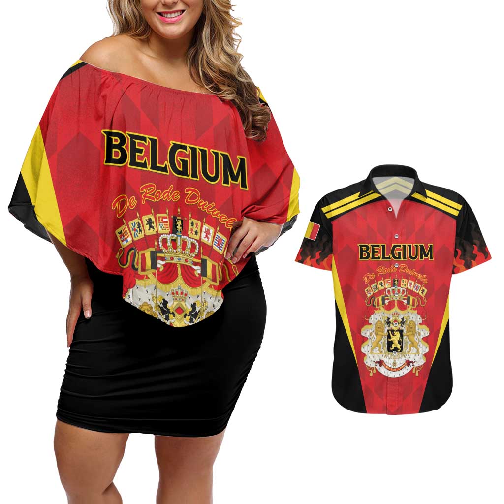Custom Belgium Football 2026 Couples Matching Off Shoulder Short Dress and Hawaiian Shirt Red Devils Pride - Wonder Print Shop