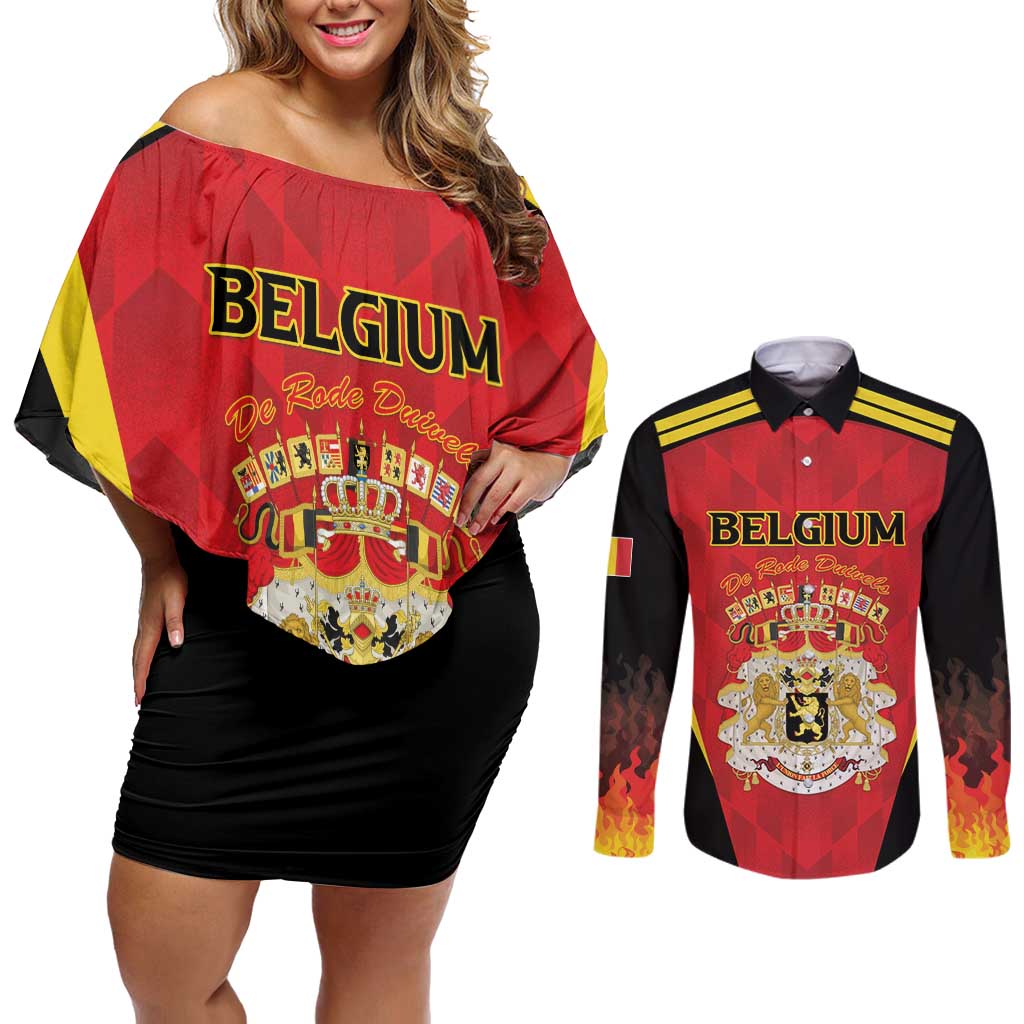 Custom Belgium Football 2026 Couples Matching Off Shoulder Short Dress and Long Sleeve Button Shirt Red Devils Pride - Wonder Print Shop