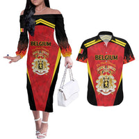 Custom Belgium Football 2026 Couples Matching Off The Shoulder Long Sleeve Dress and Hawaiian Shirt Red Devils Pride - Wonder Print Shop
