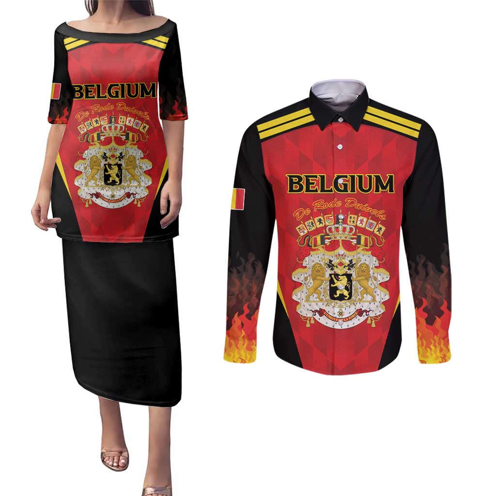 Custom Belgium Football 2026 Couples Matching Puletasi and Long Sleeve Button Shirt Red Devils Pride - Wonder Print Shop