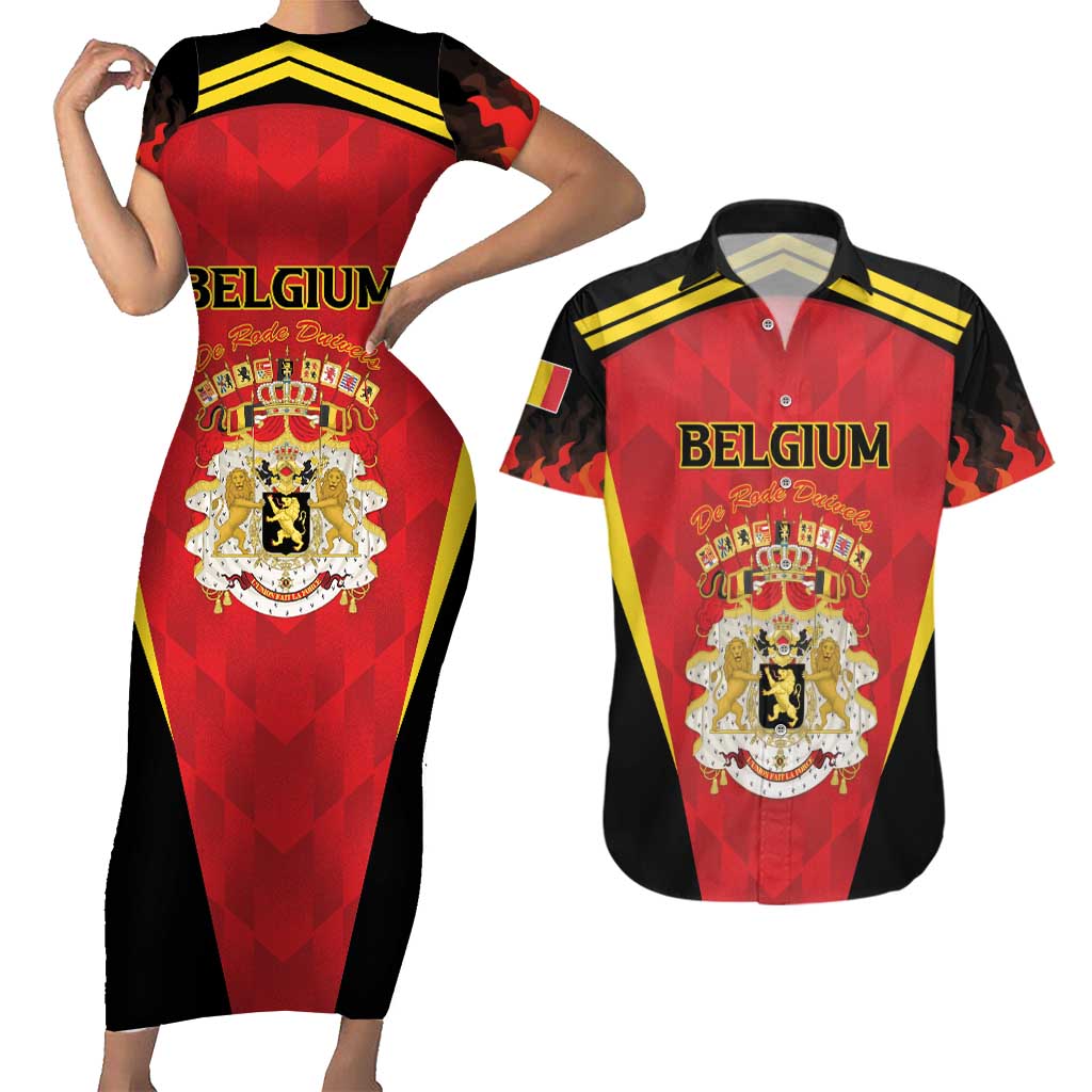 Custom Belgium Football 2026 Couples Matching Short Sleeve Bodycon Dress and Hawaiian Shirt Red Devils Pride - Wonder Print Shop