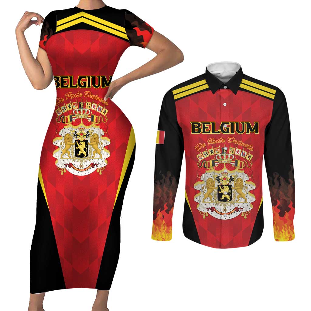 Custom Belgium Football 2026 Couples Matching Short Sleeve Bodycon Dress and Long Sleeve Button Shirt Red Devils Pride - Wonder Print Shop