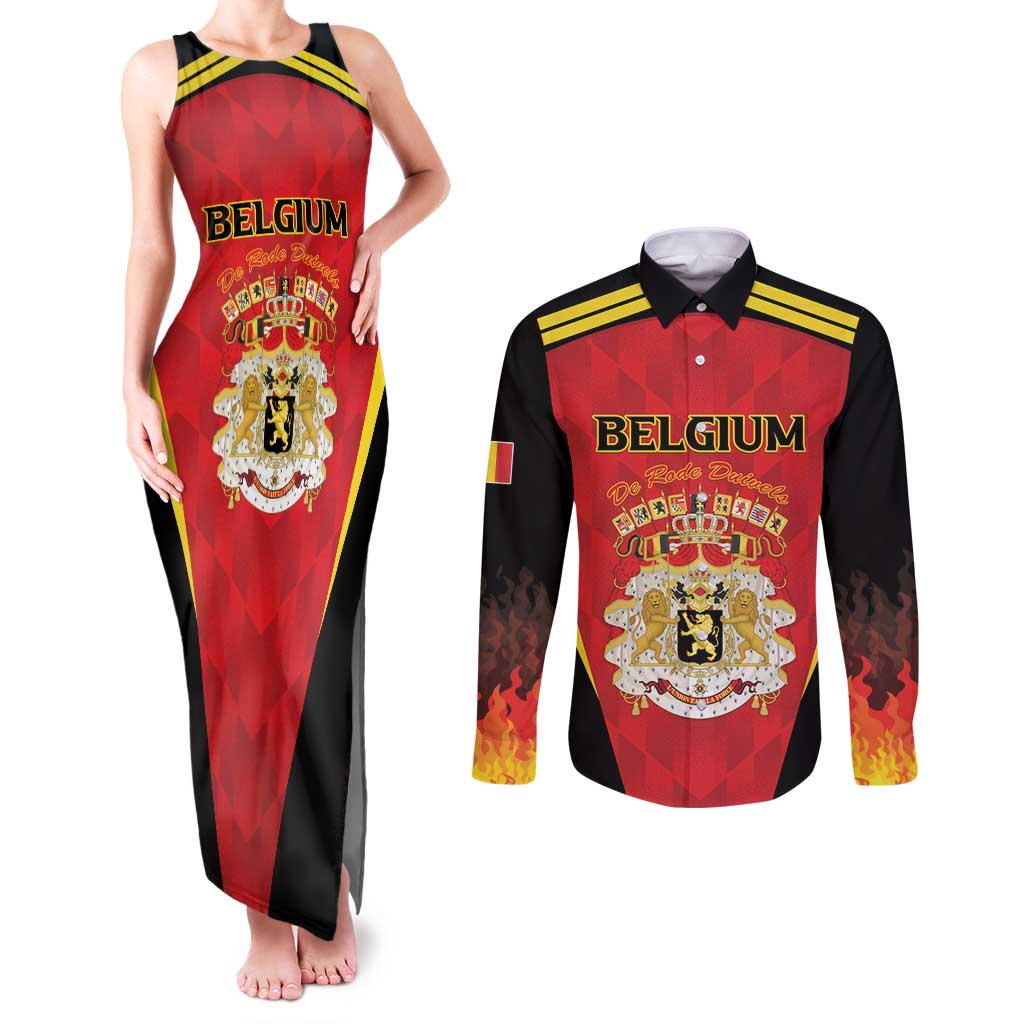 Custom Belgium Football 2026 Couples Matching Tank Maxi Dress and Long Sleeve Button Shirt Red Devils Pride - Wonder Print Shop