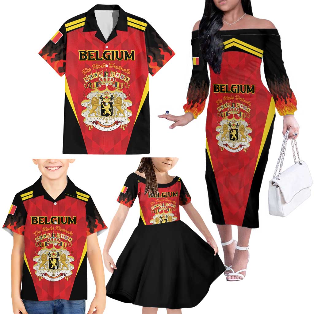 Custom Belgium Football 2026 Family Matching Off The Shoulder Long Sleeve Dress and Hawaiian Shirt Red Devils Pride - Wonder Print Shop