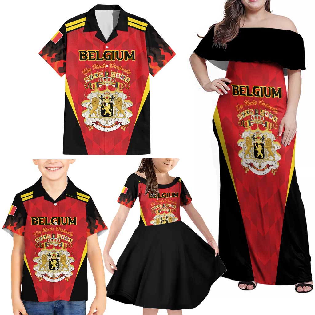 Custom Belgium Football 2026 Family Matching Off Shoulder Maxi Dress and Hawaiian Shirt Red Devils Pride - Wonder Print Shop