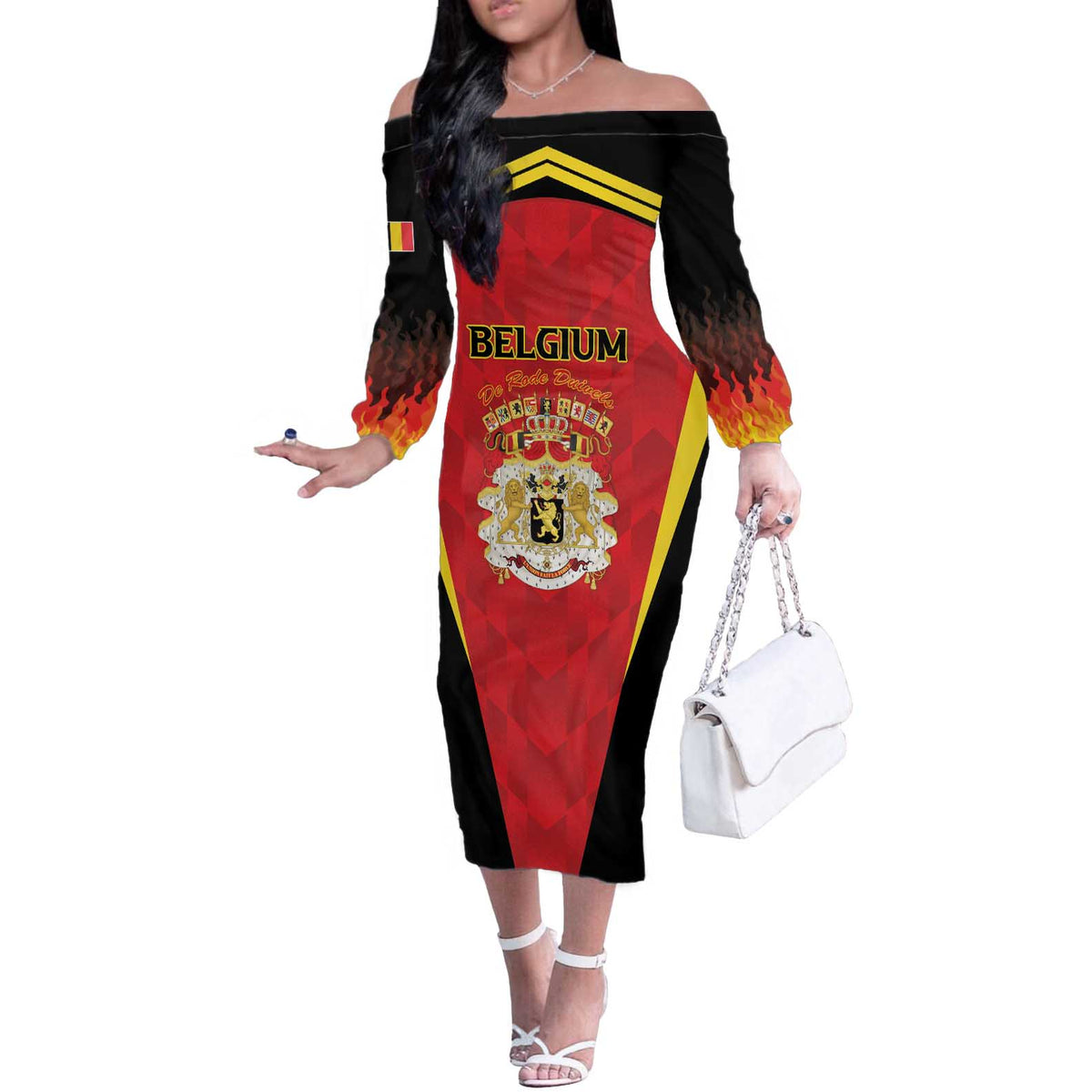 Custom Belgium Football 2026 Off The Shoulder Long Sleeve Dress Red Devils Pride - Wonder Print Shop
