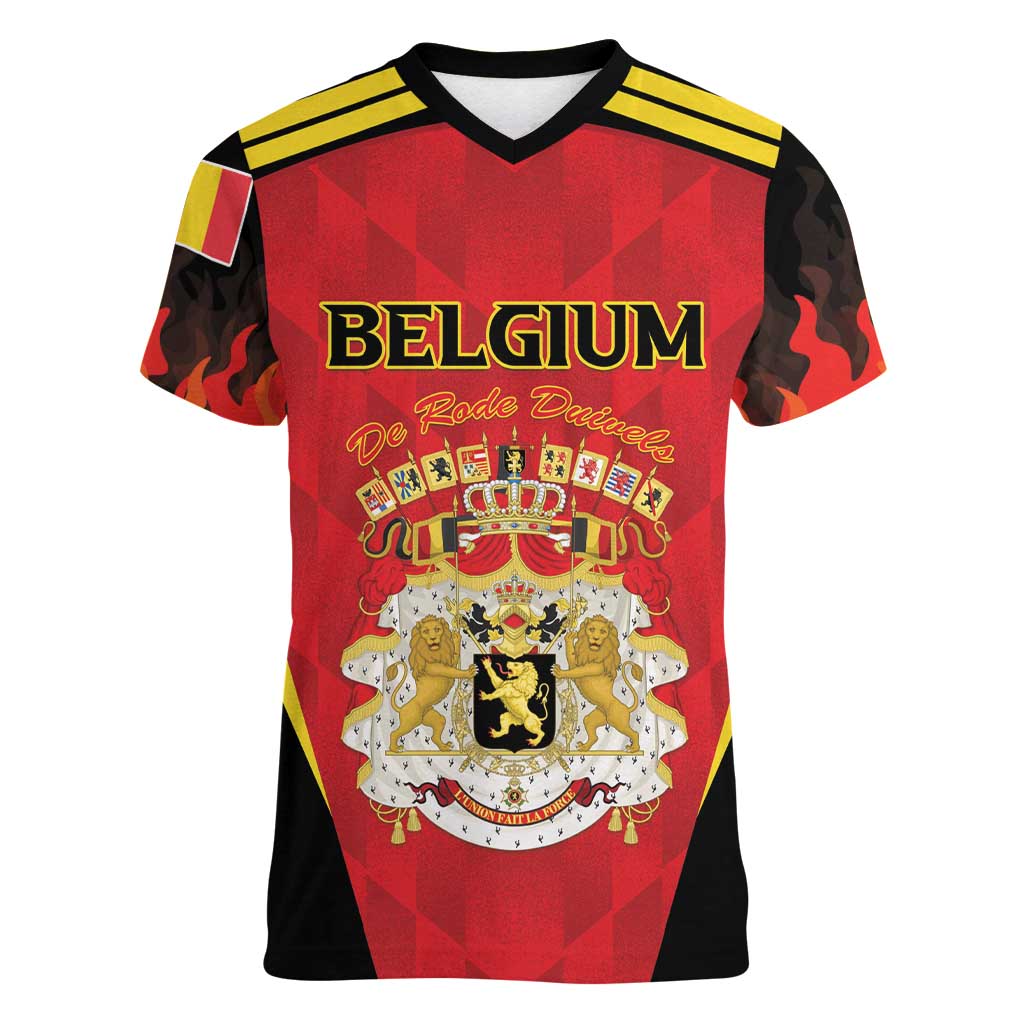 Custom Belgium Football 2026 Women V-Neck T-Shirt Red Devils Pride - Wonder Print Shop