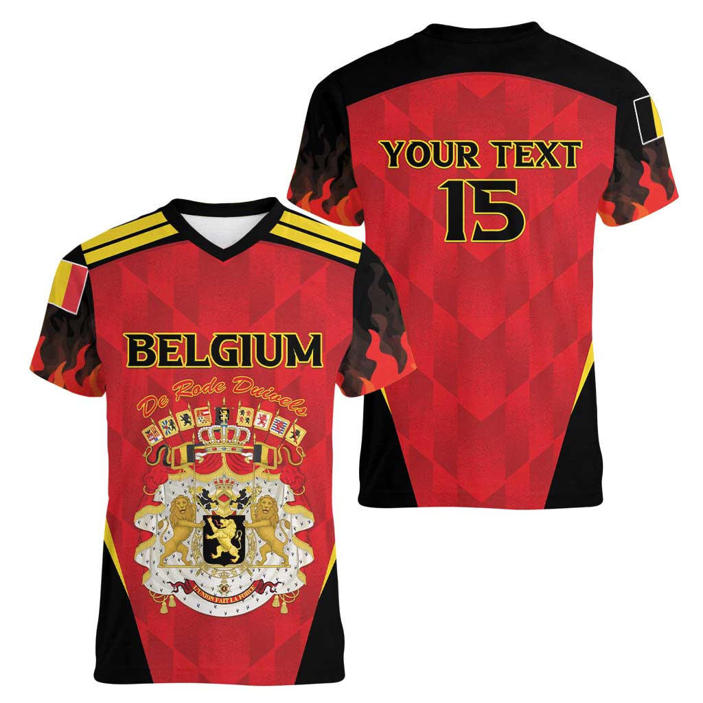 Custom Belgium Football 2026 Women V-Neck T-Shirt Red Devils Pride - Wonder Print Shop