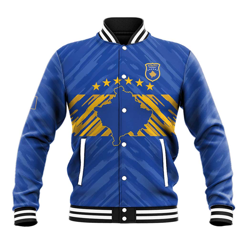 Custom Kosovo Football 2026 Baseball Jacket Rising Nation Blue Gold - Wonder Print Shop