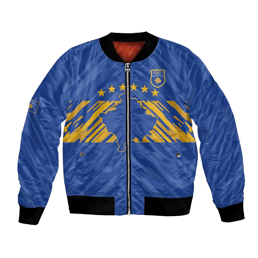 Custom Kosovo Football 2026 Bomber Jacket Rising Nation Blue Gold - Wonder Print Shop