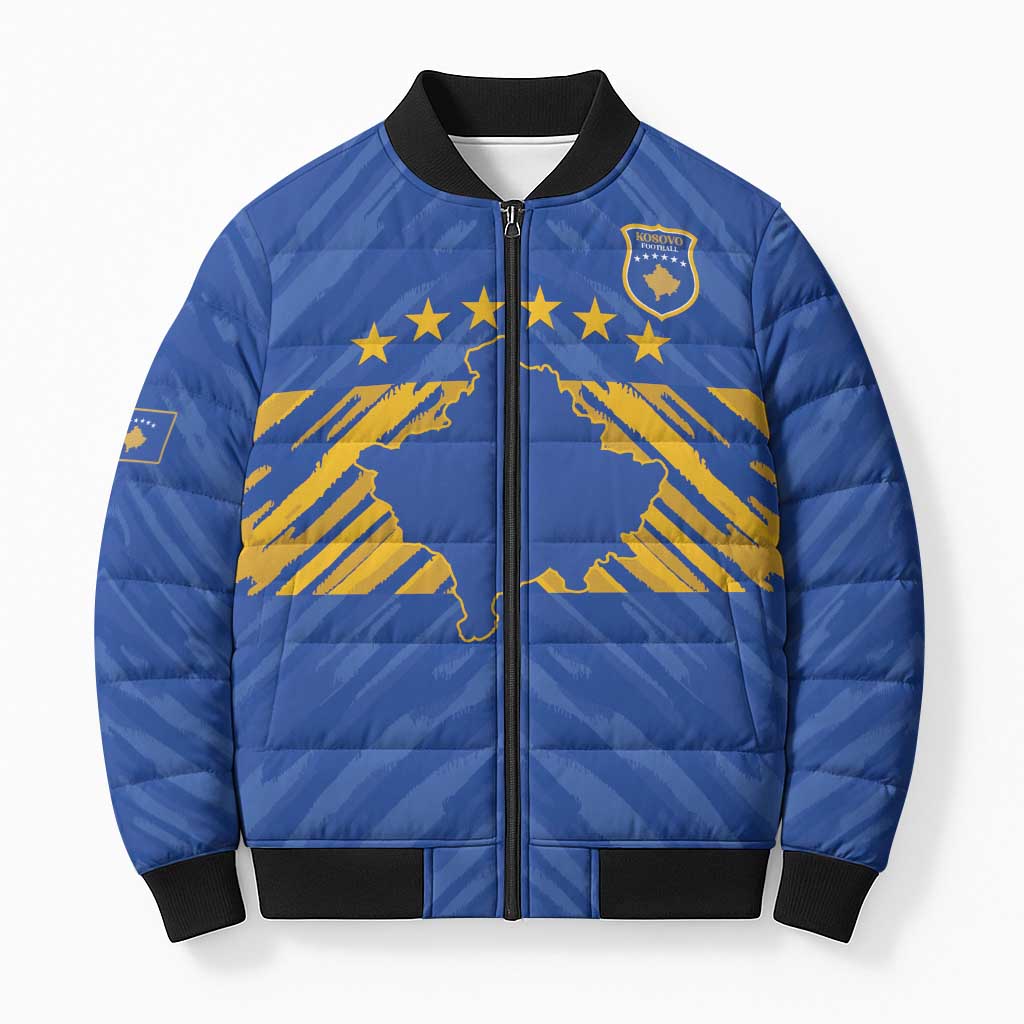 Custom Kosovo Football 2026 Bomber Puffer Jacket Rising Nation Blue Gold - Wonder Print Shop
