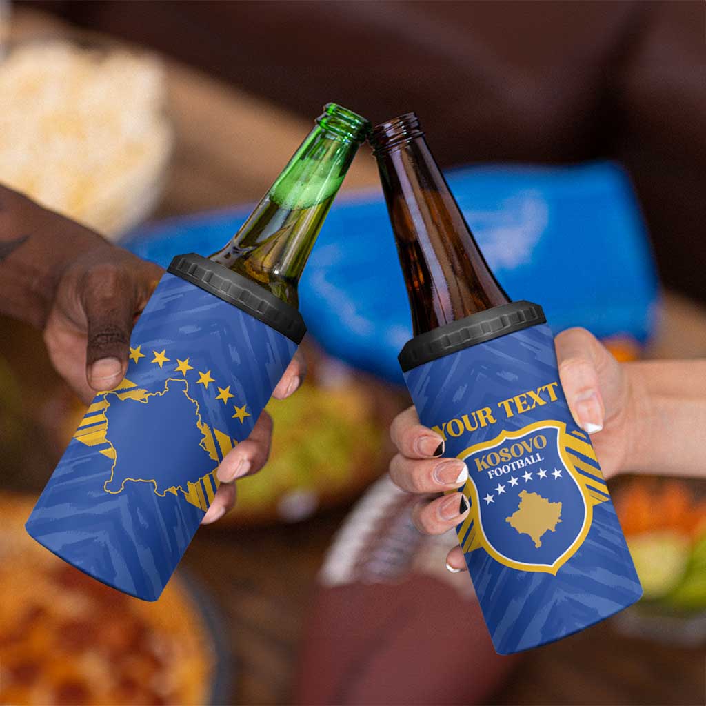 Custom Kosovo Football 2026 4 in 1 Can Cooler Tumbler Rising Nation Blue Gold - Wonder Print Shop