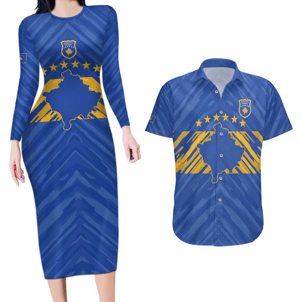 Custom Kosovo Football 2026 Couples Matching Long Sleeve Bodycon Dress and Hawaiian Shirt Rising Nation Blue Gold - Wonder Print Shop