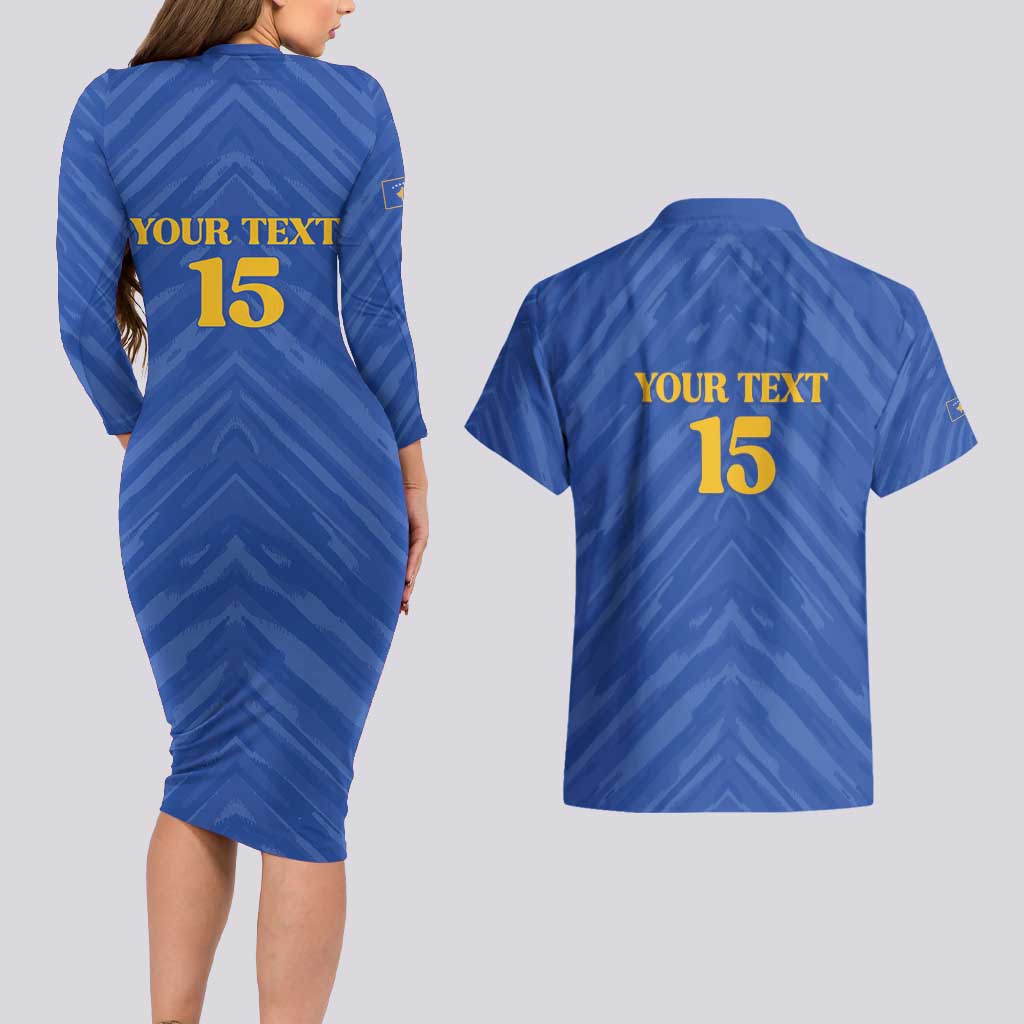 Custom Kosovo Football 2026 Couples Matching Long Sleeve Bodycon Dress and Hawaiian Shirt Rising Nation Blue Gold - Wonder Print Shop