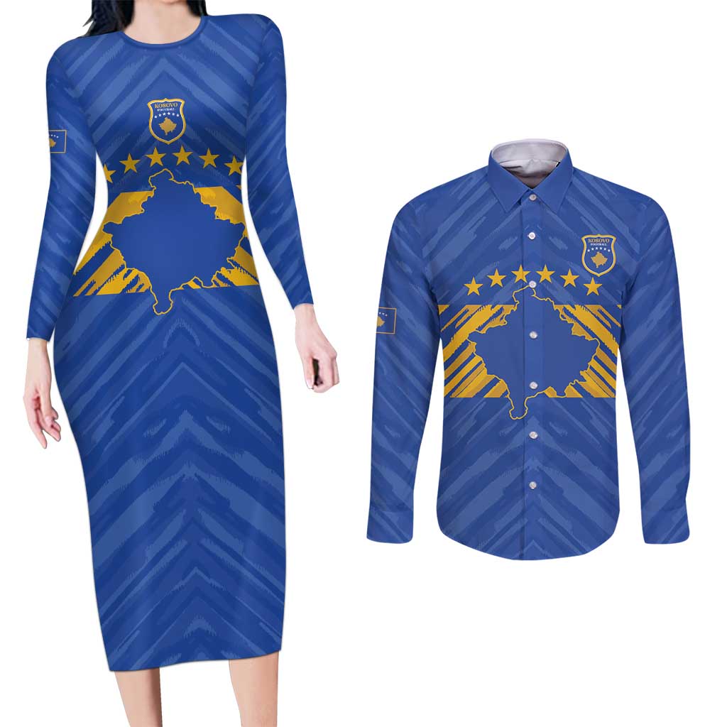 Custom Kosovo Football 2026 Couples Matching Long Sleeve Bodycon Dress and Long Sleeve Button Shirt Rising Nation Blue Gold - Wonder Print Shop