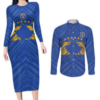 Custom Kosovo Football 2026 Couples Matching Long Sleeve Bodycon Dress and Long Sleeve Button Shirt Rising Nation Blue Gold - Wonder Print Shop