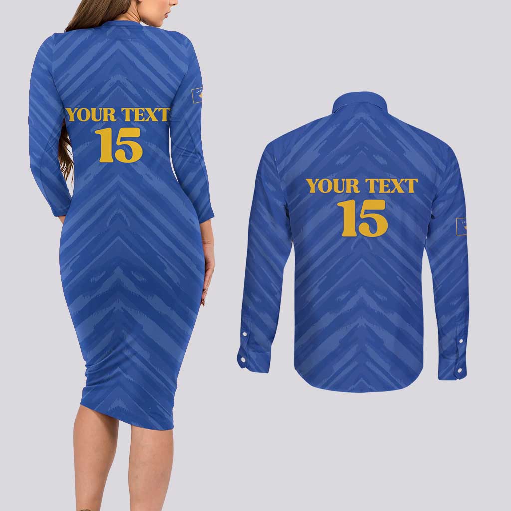Custom Kosovo Football 2026 Couples Matching Long Sleeve Bodycon Dress and Long Sleeve Button Shirt Rising Nation Blue Gold - Wonder Print Shop