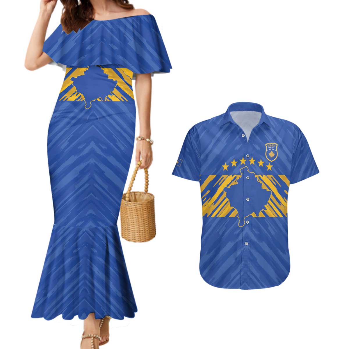 Custom Kosovo Football 2026 Couples Matching Mermaid Dress and Hawaiian Shirt Rising Nation Blue Gold - Wonder Print Shop
