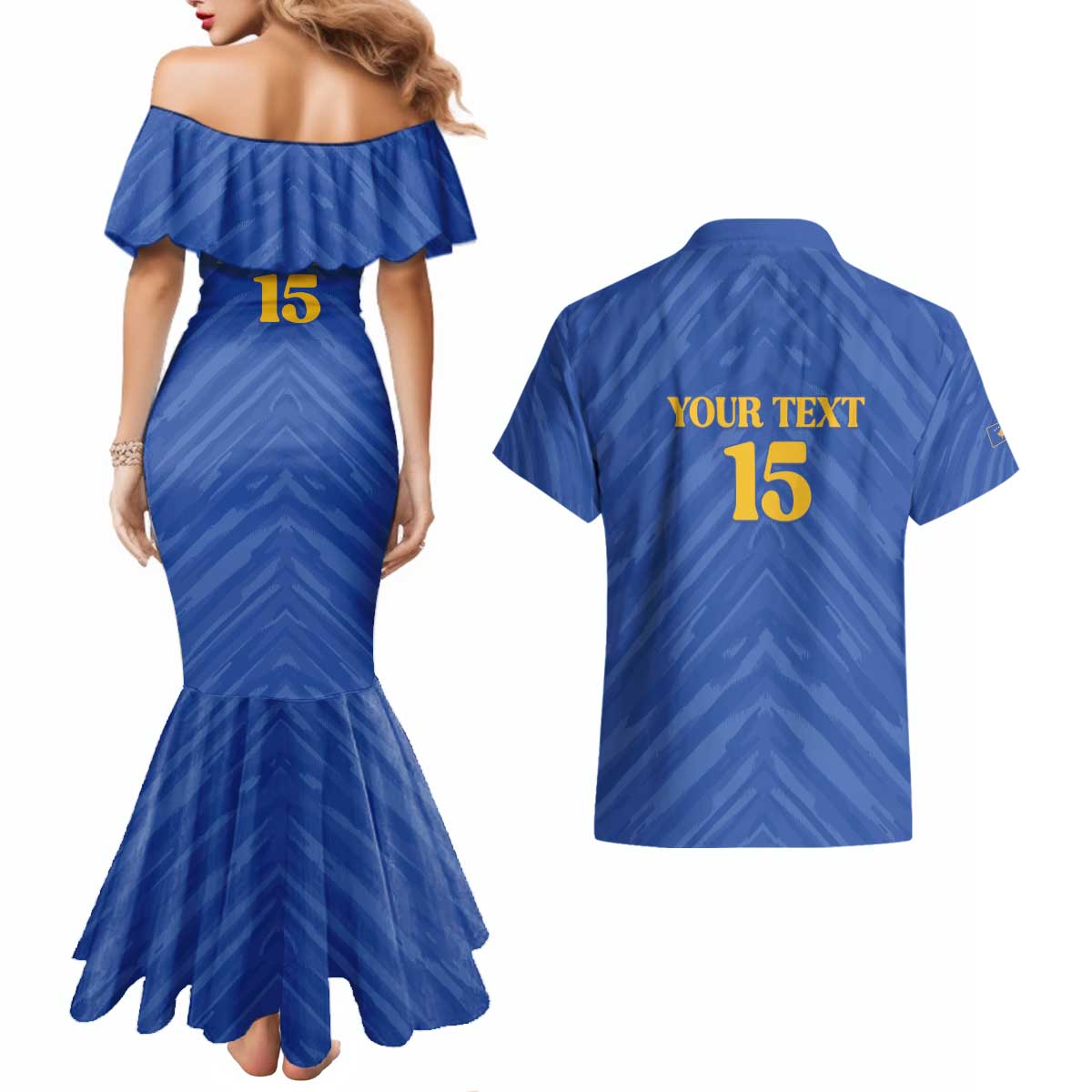 Custom Kosovo Football 2026 Couples Matching Mermaid Dress and Hawaiian Shirt Rising Nation Blue Gold - Wonder Print Shop