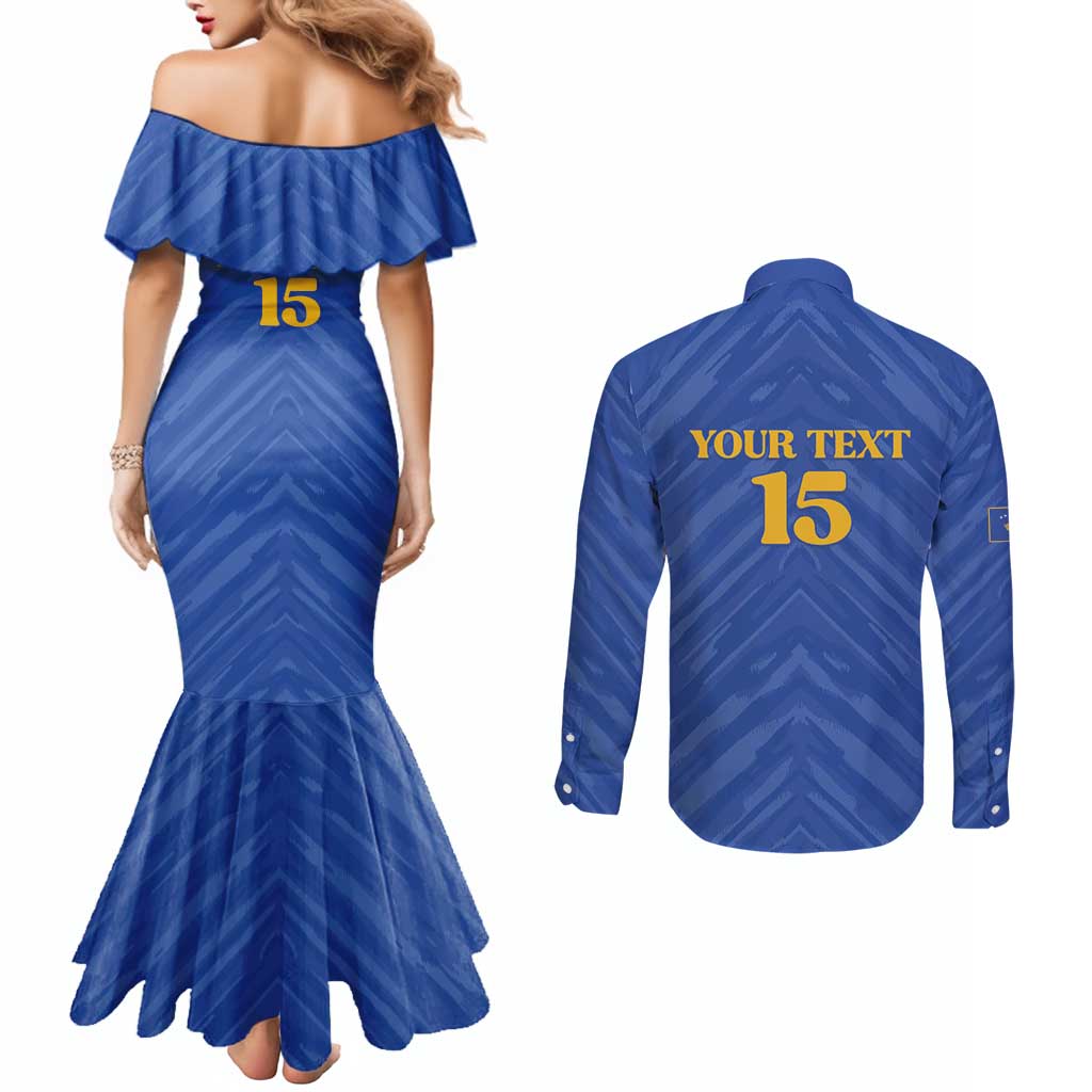Custom Kosovo Football 2026 Couples Matching Mermaid Dress and Long Sleeve Button Shirt Rising Nation Blue Gold - Wonder Print Shop