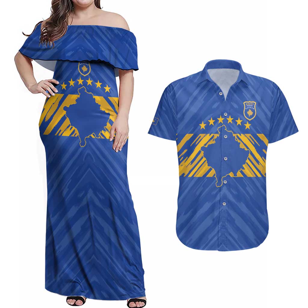 Custom Kosovo Football 2026 Couples Matching Off Shoulder Maxi Dress and Hawaiian Shirt Rising Nation Blue Gold - Wonder Print Shop