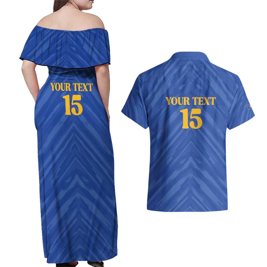 Custom Kosovo Football 2026 Couples Matching Off Shoulder Maxi Dress and Hawaiian Shirt Rising Nation Blue Gold - Wonder Print Shop