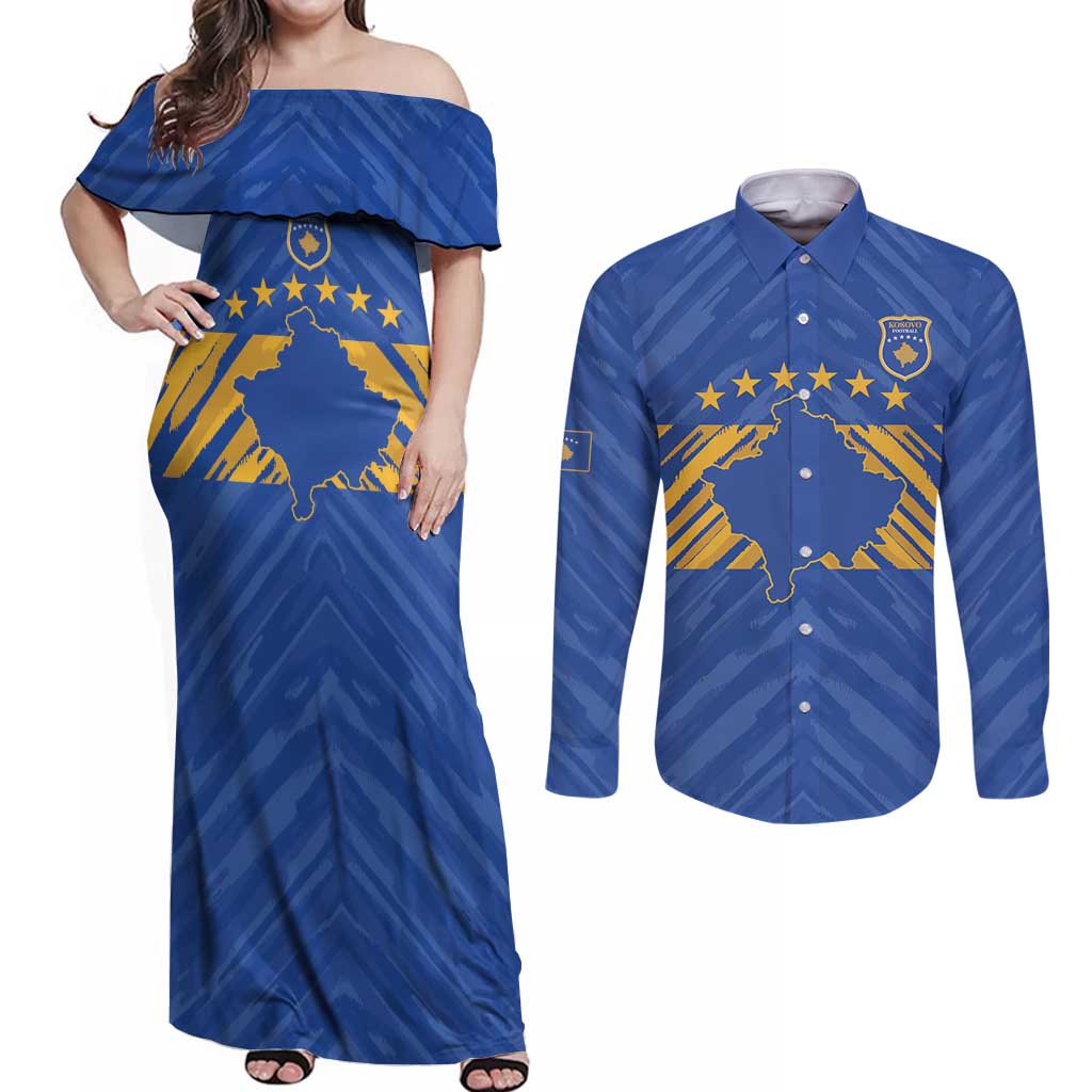 Custom Kosovo Football 2026 Couples Matching Off Shoulder Maxi Dress and Long Sleeve Button Shirt Rising Nation Blue Gold - Wonder Print Shop