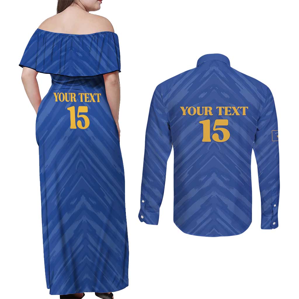 Custom Kosovo Football 2026 Couples Matching Off Shoulder Maxi Dress and Long Sleeve Button Shirt Rising Nation Blue Gold - Wonder Print Shop