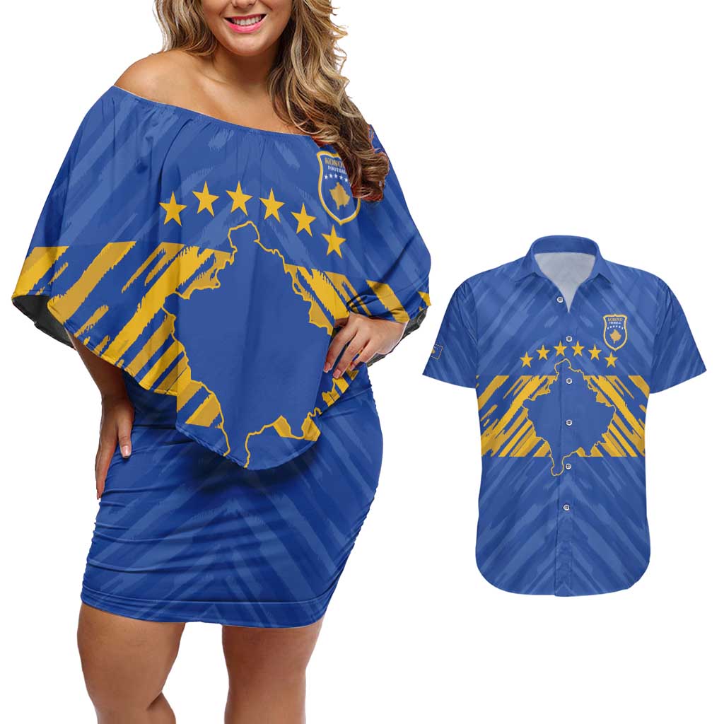 Custom Kosovo Football 2026 Couples Matching Off Shoulder Short Dress and Hawaiian Shirt Rising Nation Blue Gold - Wonder Print Shop