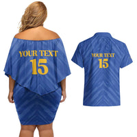 Custom Kosovo Football 2026 Couples Matching Off Shoulder Short Dress and Hawaiian Shirt Rising Nation Blue Gold - Wonder Print Shop