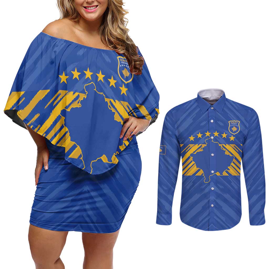 Custom Kosovo Football 2026 Couples Matching Off Shoulder Short Dress and Long Sleeve Button Shirt Rising Nation Blue Gold - Wonder Print Shop