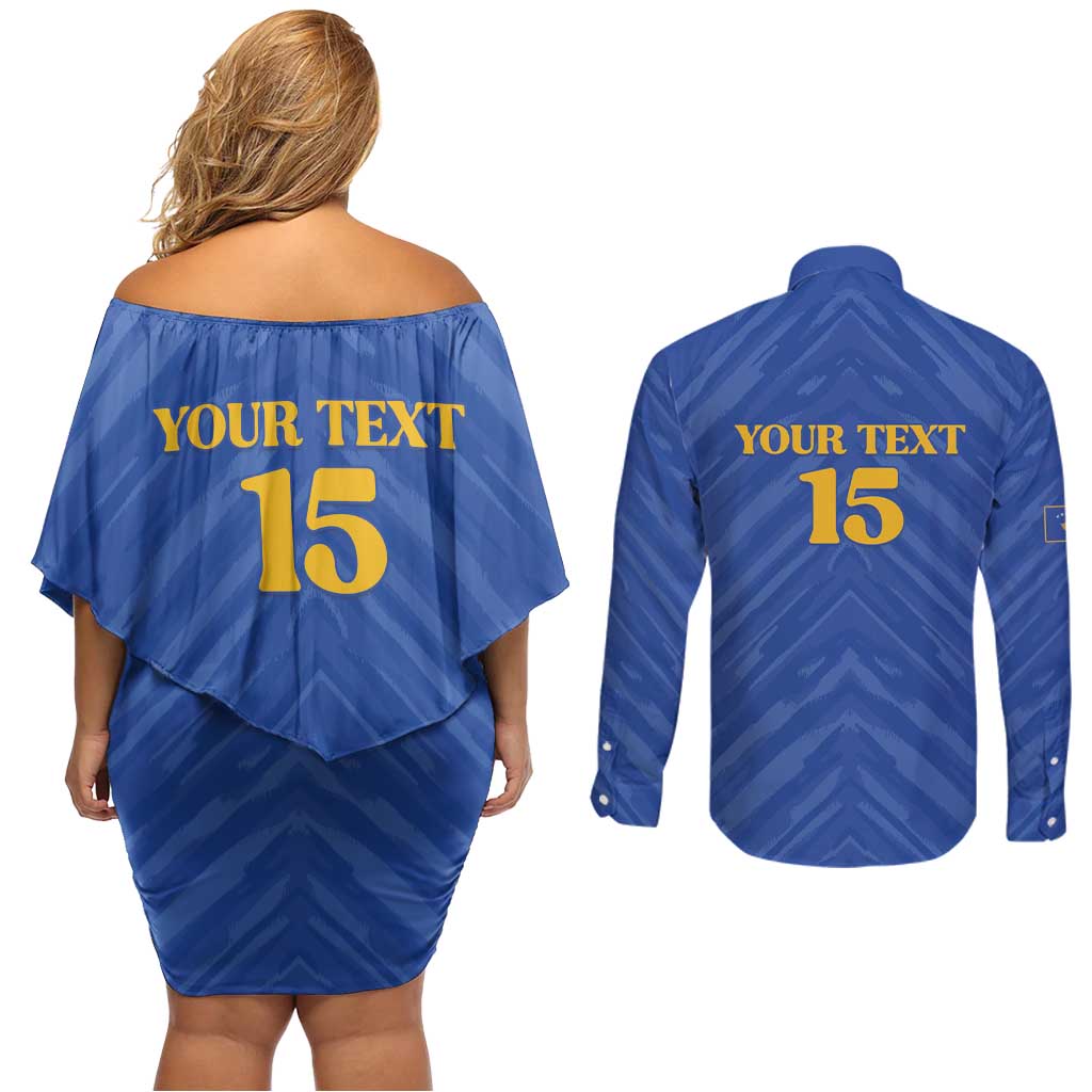 Custom Kosovo Football 2026 Couples Matching Off Shoulder Short Dress and Long Sleeve Button Shirt Rising Nation Blue Gold - Wonder Print Shop