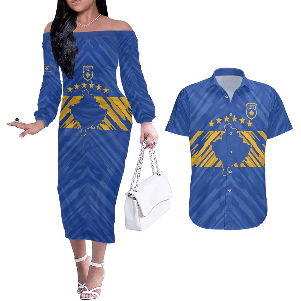 Custom Kosovo Football 2026 Couples Matching Off The Shoulder Long Sleeve Dress and Hawaiian Shirt Rising Nation Blue Gold - Wonder Print Shop