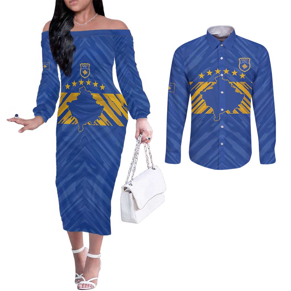 Custom Kosovo Football 2026 Couples Matching Off The Shoulder Long Sleeve Dress and Long Sleeve Button Shirt Rising Nation Blue Gold - Wonder Print Shop