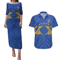 Custom Kosovo Football 2026 Couples Matching Puletasi and Hawaiian Shirt Rising Nation Blue Gold - Wonder Print Shop