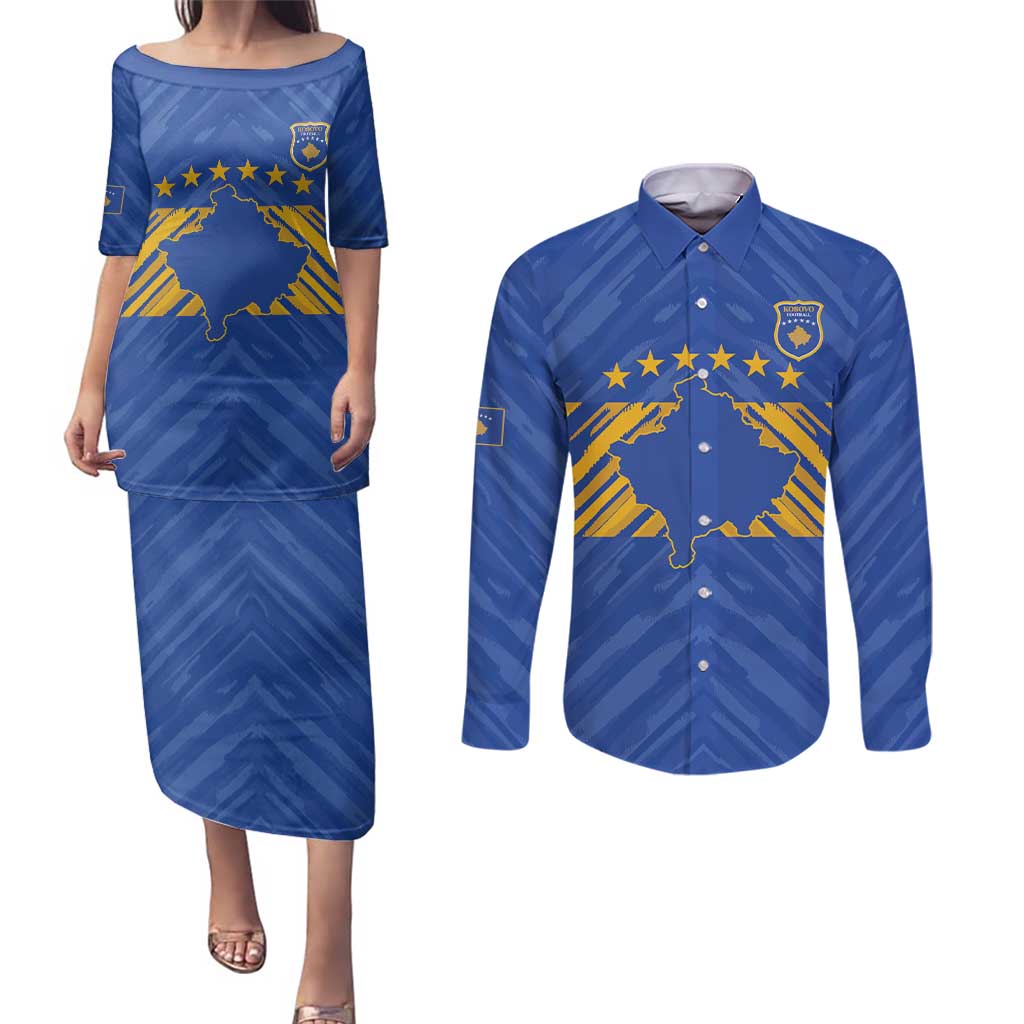 Custom Kosovo Football 2026 Couples Matching Puletasi and Long Sleeve Button Shirt Rising Nation Blue Gold - Wonder Print Shop