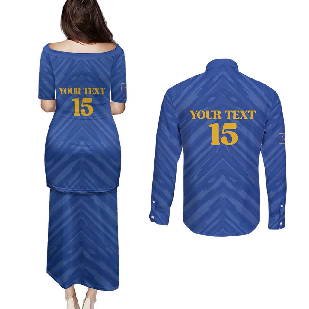 Custom Kosovo Football 2026 Couples Matching Puletasi and Long Sleeve Button Shirt Rising Nation Blue Gold - Wonder Print Shop