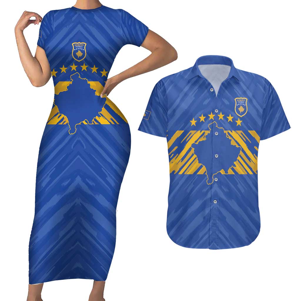 Custom Kosovo Football 2026 Couples Matching Short Sleeve Bodycon Dress and Hawaiian Shirt Rising Nation Blue Gold - Wonder Print Shop