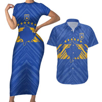 Custom Kosovo Football 2026 Couples Matching Short Sleeve Bodycon Dress and Hawaiian Shirt Rising Nation Blue Gold - Wonder Print Shop