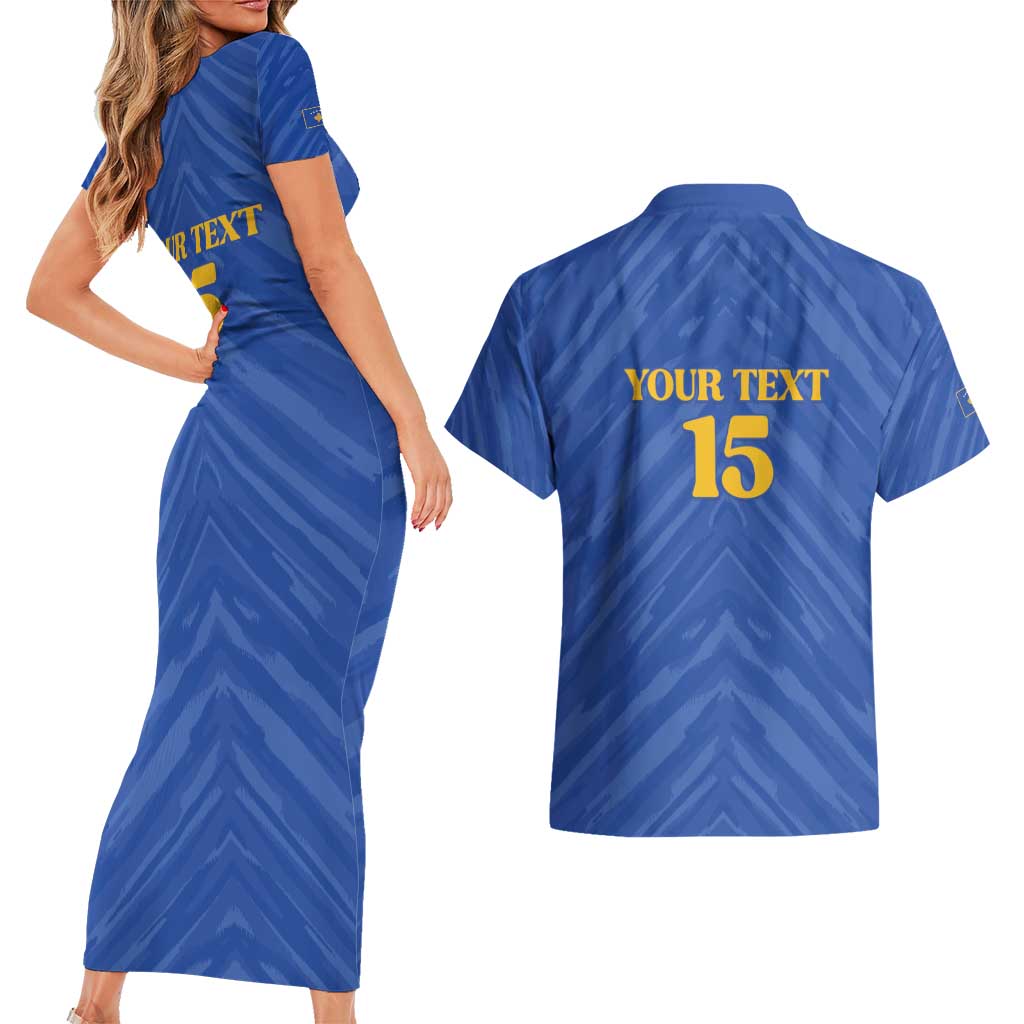 Custom Kosovo Football 2026 Couples Matching Short Sleeve Bodycon Dress and Hawaiian Shirt Rising Nation Blue Gold - Wonder Print Shop