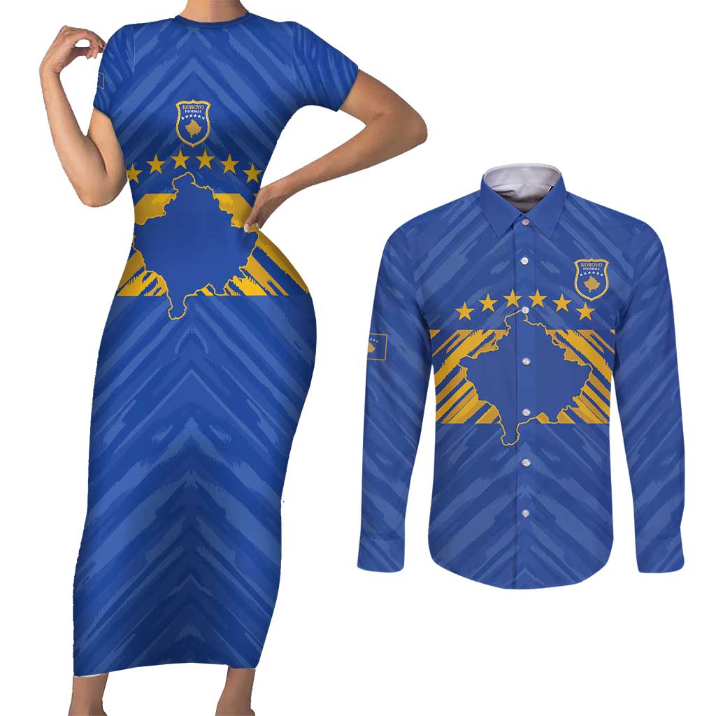 Custom Kosovo Football 2026 Couples Matching Short Sleeve Bodycon Dress and Long Sleeve Button Shirt Rising Nation Blue Gold - Wonder Print Shop
