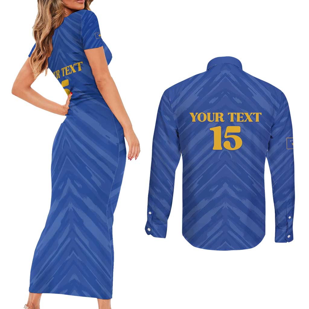 Custom Kosovo Football 2026 Couples Matching Short Sleeve Bodycon Dress and Long Sleeve Button Shirt Rising Nation Blue Gold - Wonder Print Shop