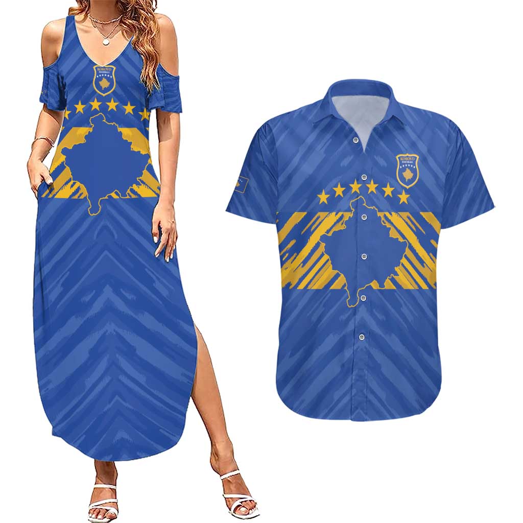 Custom Kosovo Football 2026 Couples Matching Summer Maxi Dress and Hawaiian Shirt Rising Nation Blue Gold - Wonder Print Shop