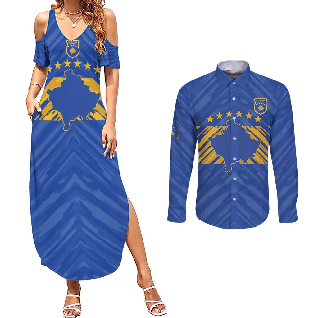 Custom Kosovo Football 2026 Couples Matching Summer Maxi Dress and Long Sleeve Button Shirt Rising Nation Blue Gold - Wonder Print Shop