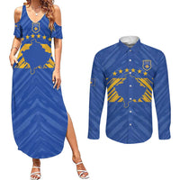 Custom Kosovo Football 2026 Couples Matching Summer Maxi Dress and Long Sleeve Button Shirt Rising Nation Blue Gold - Wonder Print Shop