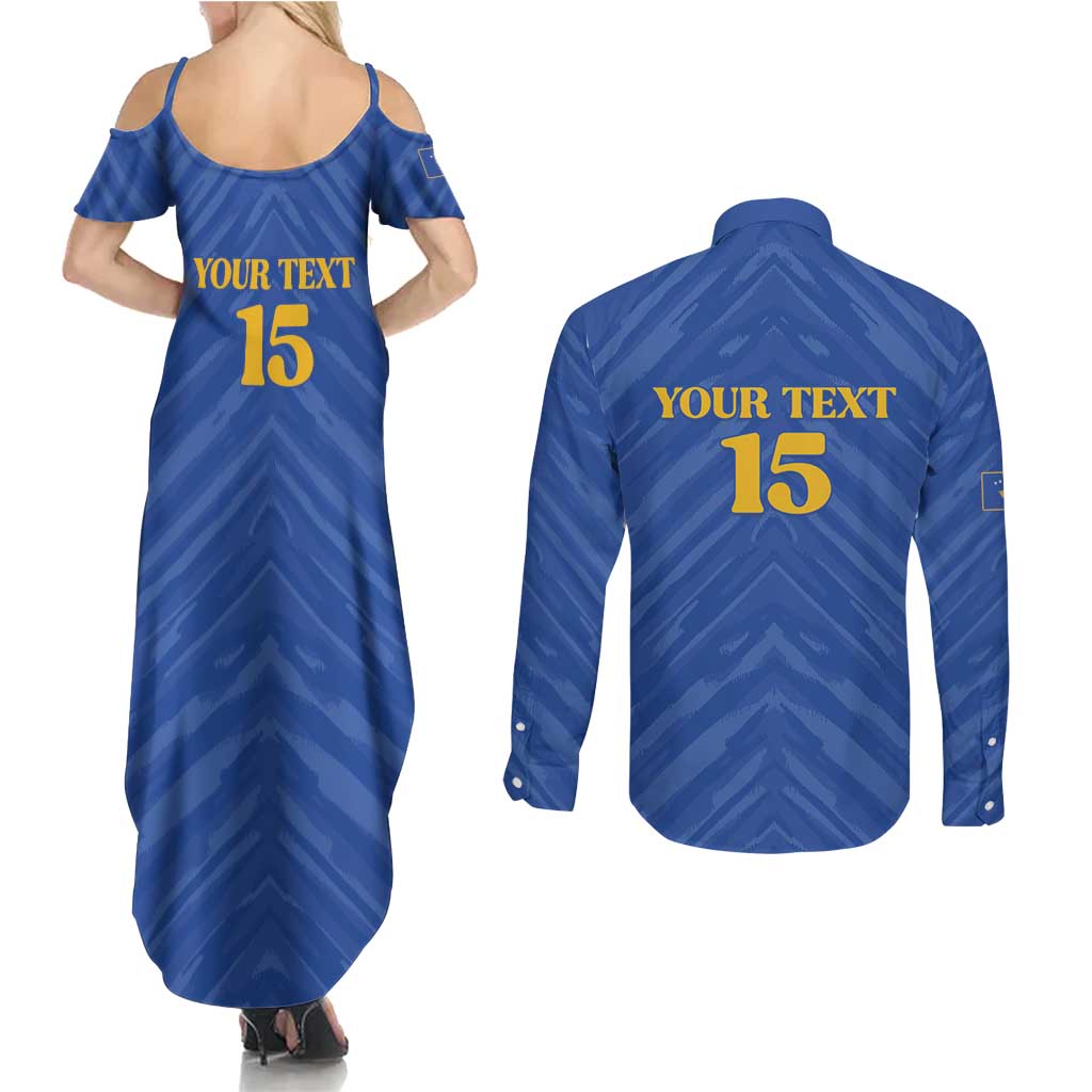 Custom Kosovo Football 2026 Couples Matching Summer Maxi Dress and Long Sleeve Button Shirt Rising Nation Blue Gold - Wonder Print Shop